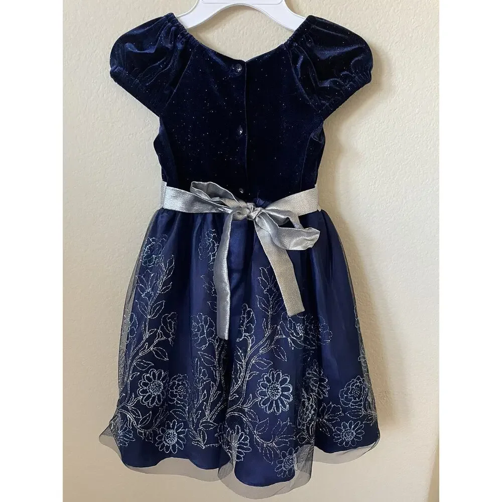 Jona Michelle Blue Silver Sparkle Cap Sleeve Pleated Lined Girls' Dress Size 7